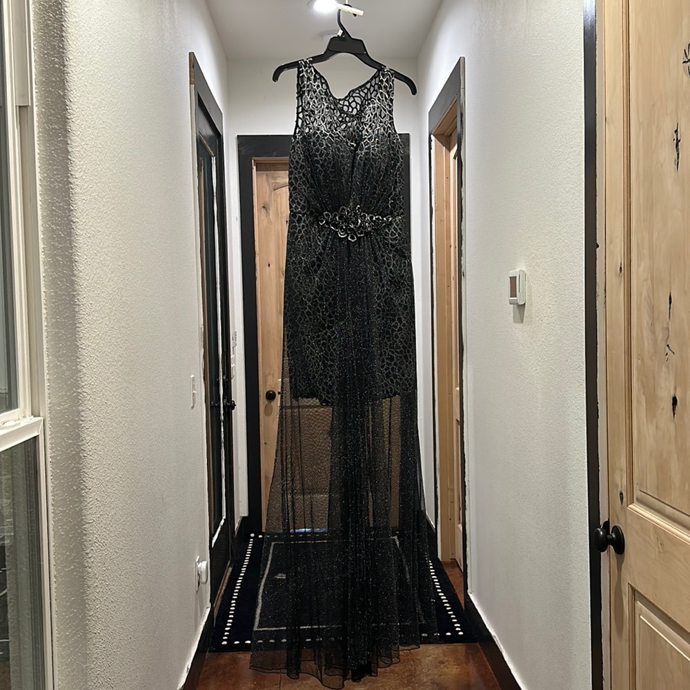 Alberto Makali Cocktail dress with floor length Sheer Overlay . Black and Silver